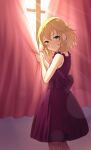  1girl back_bow blonde_hair blush bow cowboy_shot curtains dress glint green_eyes highres holding idolmaster idolmaster_cinderella_girls lens_flare looking_at_viewer looking_back red_dress sakurai_momoka shiny shiny_hair shiny_skin short_hair sleeveless smile solo sunlight window yama_tatsuo 