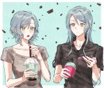  2girls absurdres aqua_hair bang_dream! bangs closed_mouth cup food green_eyes highres hikawa_hina hikawa_sayo ice_cream long_hair multiple_girls open_mouth shirt short_hair short_sleeves siblings sisters swept_bangs twins zihacheol 