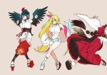  3girls bangs bare_shoulders beige_background black_hair blonde_hair blue_legwear breasts brown_hair elbow_gloves eyebrows_visible_through_hair feathered_wings fumi_(nijisanji) gloves hair_ornament hairclip hat heterochromia highres hoshikawa_sara japanese_clothes long_hair midriff multiple_girls navel nijisanji pink_eyes ponytail red_gloves sandals sash shorts side_ponytail simple_background smile socks tail thigh_strap tripping twintails virtual_youtuber white_legwear wings yamagami_karuta yanagida_fumita yellow_eyes 