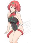 1girl ame_isshiki bangs bare_shoulders bracelet closed_mouth competition_swimsuit earrings hair_between_eyes hair_ornament invisible_chair jewelry looking_at_viewer one-piece_swimsuit pyra_(pro_swimmer)_(xenoblade) pyra_(xenoblade) redhead short_hair simple_background sitting smile solo swimsuit white_background xenoblade_chronicles_(series) xenoblade_chronicles_2 