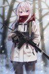  1girl 9a-91 9a-91_(girls_frontline) black_legwear blue_eyes coat cowboy_shot girls_frontline gloves gun hair_between_eyes hand_in_pocket highres holding holding_gun holding_weapon long_hair long_sleeves looking_at_viewer pantyhose pleated_skirt red_scarf scarf silver_hair skirt solo weapon white_coat yakob_labo 