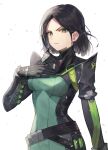  1girl absurdres bangs black_gloves black_hair breasts closed_mouth gloves green_eyes highres looking_at_viewer medium_breasts parted_bangs short_hair solo standing taht_(that_is_mm) v-shaped_eyebrows valorant viper_(valorant) white_background 
