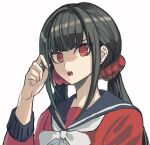  1girl bangs blunt_bangs brown_hair commentary_request dangan_ronpa_(series) dangan_ronpa_v3:_killing_harmony hair_ornament hair_scrunchie hand_up harukawa_maki highres holding holding_hair long_hair long_sleeves looking_at_viewer low_twintails mole mole_under_eye open_mouth red_eyes red_scrunchie red_shirt school_uniform scrunchie shirt solo twintails upper_teeth visket53 