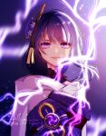  1girl artist_name bangs blurry blurry_background breasts closed_mouth commentary electricity english_commentary eyeliner flower genshin_impact hair_ornament highres japanese_clothes kimono lightning looking_at_viewer makeup moonsinrivers purple_flower purple_hair raiden_(genshin_impact) ribbon sash solo tassel violet_eyes vision_(genshin_impact) 
