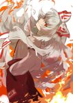  1girl bangs bow closed_mouth fire from_behind fujiwara_no_mokou grey_hair hair_bow hands_in_pockets highres holding kerok_(joniko1110) long_hair long_sleeves multicolored_bow pants red_bow red_eyes red_pants shirt simple_background smile solo standing teeth touhou white_background white_bow white_shirt white_sleeves 