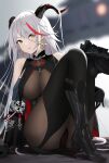  1girl aegir_(azur_lane) ass asymmetrical_footwear azur_lane bare_shoulders black_cape black_footwear black_gloves blurry blurry_background bodystocking boots breast_curtains breasts cape cross cross_earrings demon_girl demon_horns earrings eyebrows_visible_through_hair eyes_visible_through_hair gloves high_heels highres horns iron_cross jewelry knee_boots large_breasts medal multicolored_hair redhead single_boot single_knee_boot sleeves smallqin solo stiletto_heels streaked_hair two-tone_hair uneven_footwear white_hair yellow_eyes 