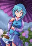  1girl aospanking bangs blue_eyes blue_flower blue_hair blue_skirt blue_vest closed_mouth clouds cloudy_sky cowboy_shot cross-laced_clothes eyebrows_visible_through_hair flower heterochromia holding holding_umbrella juliet_sleeves long_sleeves looking_at_viewer outdoors pink_flower puffy_sleeves purple_umbrella rain red_eyes shirt short_hair skirt sky smile solo standing tatara_kogasa touhou umbrella vest white_shirt 