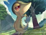  animal_focus blue_sky bush closed_mouth clouds commentary day expressionless fence full_body gen_5_pokemon gradient_sky grass highres looking_to_the_side no_humans outdoors outline pokemon pokemon_(creature) red_eyes rio_(user_nvgr5434) sky snivy solo standing tree 