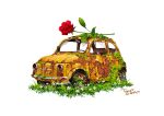  abandoned broken_window car commentary_request flower grass ground_vehicle motor_vehicle no_humans original oversized_flowers red_flower red_rose rose rust signature simple_background tire tokyogenso white_background white_flower 