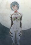  1girl arms_at_sides ayanami_rei bangs blue_hair bodysuit breasts cowboy_shot expressionless highres interface_headset looking_ahead monodevil moon neon_genesis_evangelion pilot_suit plugsuit red_eyes short_hair skinny small_breasts solo standing thigh_gap white_bodysuit 