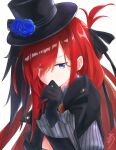  1girl absurdres black_dress black_gloves black_headwear blue_eyes dress earrings flower gloves hat highres jewelry long_hair long_sleeves minau37 redhead riviere_(riviere_to_inori_no_kuni) riviere_to_inori_no_kuni top_hat 