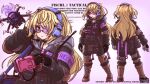  1girl alternate_costume backpack bag bangs bespectacled black_gloves black_jumpsuit blonde_hair bulletproof_vest character_sheet choker commentary drone english_commentary eyebrows_visible_through_hair fischl_(genshin_impact) from_behind genshin_impact glasses gloves green_eyes hair_between_eyes headset introvert-kun long_hair long_sleeves looking_at_viewer sidelocks simple_background solo tactical_clothes two_side_up 