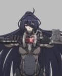  1girl android antenna_hair bangs black_hair breasts closed_mouth cosplay crossover cyborg drawing_sword eyepatch grey_background hair_between_eyes hair_ornament hairpin highres holding holding_sword holding_weapon honkai_(series) honkai_impact_3rd katana long_hair looking_at_viewer metal_gear_(series) metal_gear_rising:_revengeance namesake ponytail raiden_(metal_gear) raiden_(metal_gear)_(cosplay) raiden_mei sheath simple_background solo sword violet_eyes weapon yamanata 