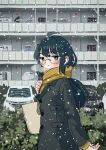  2girls absurdres bag bangs black_coat black_eyes blush breath car coat earphones earphones glasses ground_vehicle hand_up highres long_sleeves looking_at_viewer motor_vehicle multiple_girls original round_eyewear shoulder_bag snow solo_focus upper_body zinbei 