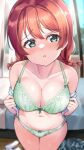  1girl blurry blurry_background bra braid breasts collarbone emma_verde green_bra green_eyes green_panties highres indoors large_breasts long_hair love_live! navel panties redhead shiitake_taishi solo standing twin_braids underwear undressing 