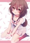  1girl animal_collar animal_ears breasts brown_hair collar dog_ears dress eyebrows_visible_through_hair hair_ornament highres hololive inugami_korone limepantsu long_hair looking_at_viewer open_mouth red_eyes simple_background sitting sleeveless socks solo virtual_youtuber wariza white_dress 