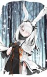  1girl animal_ears arknights bla_(artist) black_dress black_gloves breasts capelet closed_mouth commentary dress expressionless frostnova_(arknights) gloves hair_over_one_eye long_hair rabbit_ears scar solo turtleneck white_hair 