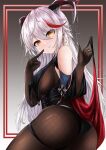 1girl absurdres aegir_(azur_lane) ass azur_lane bare_shoulders black_cape black_gloves black_panties bodystocking breast_curtains breasts cape demon_horns eyebrows_visible_through_hair finger_to_mouth gloves hair_between_eyes highres horns iron_cross large_breasts long_hair looking_at_viewer looking_back medal min1910 multicolored_hair panties red_cape redhead simple_background skindentation solo streaked_hair two-tone_cape two-tone_hair underwear white_hair yellow_eyes 