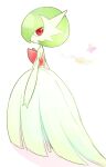  1girl bangs bare_shoulders bob_cut bug butterfly closed_mouth colored_skin commentary_request elbow_gloves expressionless flat_chest from_side full_body gardevoir gen_3_pokemon gloves green_hair hair_over_one_eye highres insect kemokain looking_at_viewer mega_gardevoir mega_pokemon partial_commentary pokemon pokemon_(creature) red_eyes short_hair sideways_mouth simple_background solo standing white_background white_gloves white_skin white_theme 