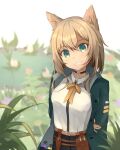  1girl animal_ears arknights bangs belt dog_ears eyebrows_visible_through_hair green_jacket grey_eyes grin hair_between_eyes highres jacket jonnodraws long_sleeves looking_at_viewer medium_hair neck_ribbon open_clothes open_jacket plant podenco_(arknights) ribbon shirt silver_hair skirt smile solo teeth test_tube upper_body utility_belt vial white_shirt yellow_neckwear yellow_ribbon 