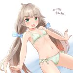  1girl ame-san bikini breasts commentary_request cowboy_shot dated floral_print green_bikini green_eyes grey_hair kantai_collection long_hair looking_at_viewer low_twintails mikura_(kancolle) one-hour_drawing_challenge small_breasts smile solo swimsuit twintails twitter_username 