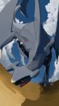 absurdres black_sclera blurry claws clouds colored_sclera commentary_request day garchomp gen_4_pokemon highres no_humans open_mouth outdoors pokemon pokemon_(creature) sharp_teeth sky solo spikes teeth yellow_eyes yunimaru 