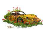  abandoned broken_window car commentary_request ferrari_dino flower grass ground_vehicle motor_vehicle no_humans original red_flower rust signature simple_background tire tokyogenso tulip white_background 