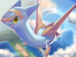  alternate_color animal_focus artist_name blue_sky claws clouds commentary_request day dragon flying full_body gen_3_pokemon green_eyes happy highres latias legendary_pokemon looking_down midair motion_blur no_humans open_mouth outdoors outline pokemon pokemon_(creature) rio_(user_nvgr5434) shiny shiny_pokemon shiny_skin sideways_mouth signature sky smile solo white_outline wings 