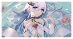  1girl bangs bare_shoulders blue_eyes closed_mouth dress fled flower hair_between_eyes hair_ornament highres honkai_(series) honkai_impact_3rd lying on_back red_flower smile solo spider_lily theresa_apocalypse theresa_apocalypse_(celestial_hymn) water wet wet_clothes wet_hair white_dress white_hair 