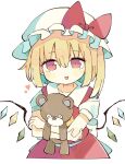  1girl ascot baron_(x5qgeh) blonde_hair bow colored_inner_hair crystal flandre_scarlet hair_between_eyes hat heart looking_at_viewer mob_cap multicolored_hair one_side_up open_mouth puffy_short_sleeves puffy_sleeves red_bow red_eyes red_skirt red_vest shirt short_hair short_sleeves side_ponytail skirt skirt_set solo stuffed_animal stuffed_toy teddy_bear touhou upper_body vest waist_bow white_background white_shirt wings 