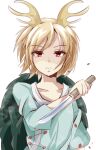  1girl bangs blonde_hair blue_shirt breasts closed_mouth collarbone commentary_request dragon_horns hand_up highres holding holding_knife horns kakineko kicchou_yachie knife looking_at_viewer red_eyes serious shirt short_hair simple_background sleeves_past_wrists small_breasts solo touhou turtle_shell upper_body white_background 