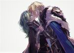  1boy 1girl amu_(nsk0) aqua_hair blonde_hair blue_cape blue_eyes byleth_(fire_emblem) byleth_eisner_(female) cape cowboy_shot dimitri_alexandre_blaiddyd fire_emblem fire_emblem:_three_houses fur_collar gauntlets hands_on_another&#039;s_neck holding_another&#039;s_arm kiss profile short_hair simple_background sketch standing white_background 