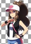  1girl absurdres anmitu611 bag black_background blue_eyes breasts brown_hair checkered checkered_background commentary_request cowboy_shot denim denim_shorts hair_over_shoulder hair_through_headwear hand_on_hip hand_up handbag highres hilda_(pokemon) holding holding_poke_ball long_hair looking_at_viewer parted_lips pink_bag poke_ball poke_ball_(basic) pokemon pokemon_(game) pokemon_bw ponytail shadow shiny shiny_hair shorts simple_background small_breasts smile solo two-tone_background watch watch white_background wristband 