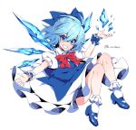  1girl :d bangs blue_bow blue_dress blue_eyes blue_footwear blue_hair bow bowtie cirno dress eyebrows_visible_through_hair full_body grin hair_between_eyes hair_bow high_heels highres ice ice_wings kuroshirase looking_at_viewer open_mouth pinafore_dress puffy_short_sleeves puffy_sleeves red_bow red_neckwear shirt short_hair short_sleeves simple_background smile solo touhou v-shaped_eyebrows white_background white_legwear white_shirt wings wrist_cuffs 
