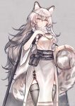  1girl animal_ear_fluff animal_ears arknights bead_necklace beads black_cloak blush breasts circlet cloak commentary cowboy_shot dress eyelashes grey_background grey_eyes grey_legwear highres jewelry leopard_ears leopard_girl leopard_tail long_hair medium_breasts moyumidori multicolored_hair necklace pelvic_curtain pramanix_(arknights) silver_hair solo streaked_hair tail thigh-highs thighs turtleneck twitter_username white_dress wristband 