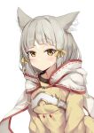  1girl absurdres animal_ear_fluff animal_ears bangs blunt_bangs blush bodysuit cat_ears closed_mouth commentary expressionless facial_mark hair_ribbon highres hood hood_down hosh long_sleeves looking_at_viewer nia_(xenoblade) ribbon short_hair simple_background solo upper_body whisker_markings white_background xenoblade_chronicles_(series) xenoblade_chronicles_2 yellow_bodysuit yellow_eyes yellow_ribbon 