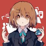  1girl :o bangs blazer blue_jacket blue_neckwear blush brown_eyes brown_hair captain_yue castanets collared_shirt commentary hair_ornament hairclip hands_up hirasawa_yui instrument jacket k-on! long_sleeves looking_at_viewer neck_ribbon note parted_lips red_background ribbon sakuragaoka_high_school_uniform school_uniform shirt short_hair simple_background solo twitter_username upper_body white_shirt 