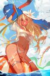  1girl bikini blonde_hair blue_sky breasts clouds commentary dark-skinned_female dark_skin day english_commentary hair_between_eyes hat highres hololive lack leg_garter long_hair looking_at_viewer medium_breasts multicolored_hair navel one_eye_closed partially_submerged pointy_ears red_eyes shiranui_flare sky smile solo streaked_hair swimsuit virtual_youtuber water white_bikini white_hair white_headwear 