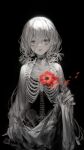  1girl absurdres anemone_(flower) bangs black_background bone choker collarbone commentary cowboy_shot crying crying_with_eyes_open english_commentary flower hair_between_eyes hand_up highres holding huge_filesize long_hair long_sleeves looking_at_viewer monochrome original parted_lips petals red_flower rsef simple_background skeleton solo spot_color standing tears very_long_hair 