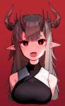  1girl absurdres arknights bangs bare_shoulders beudelb eyebrows_visible_through_hair highres horns long_hair matoimaru_(arknights) multiple_horns open_mouth pointy_ears red_background red_eyes simple_background sleeveless solo teeth tongue 