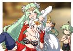  1boy 2girls biting bra breasts brown_eyes byleth_(fire_emblem) byleth_eisner_(male) catfight coffee_mug cup edelgard_von_hresvelg fighting fire_emblem fire_emblem:_three_houses gloves green_eyes green_hair highres kinkymation long_hair medium_breasts mug multiple_girls pointy_ears red_gloves rhea_(fire_emblem) shorts underwear white_hair 