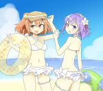  2girls adjusting_clothes adjusting_headwear ass_visible_through_thighs back bangs beach bell bikini bikini_skirt blush breasts clouds criss-cross_halter cup eyebrows_visible_through_hair flower hair_bell hair_flower hair_ornament hair_ribbon halter_top halterneck hieda_no_akyuu holding holding_cup innertube looking_at_viewer looking_to_the_side matsu_kitsune motoori_kosuzu multiple_girls navel ocean open_mouth orange_hair outdoors purple_hair red_eyes ribbon short_hair small_breasts sweatdrop swimsuit thigh_scrunchie thighs touhou two_side_up v violet_eyes visor_cap white_bikini white_flower 