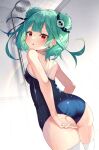  1girl adjusting_clothes adjusting_swimsuit bangs blush double_bun dress eyebrows_visible_through_hair green_hair hair_ornament highres hololive ishihara_(kuniyoshi) looking_at_viewer open_mouth red_eyes short_hair showering skull_hair_ornament solo swimsuit uruha_rushia virtual_youtuber 