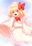  1girl bangs blonde_hair blue_eyes blue_sky blush bow dress eyebrows_visible_through_hair eyes_visible_through_hair fairy_wings hair_between_eyes hat hat_bow kaiza_(rider000) lily_white long_hair long_sleeves looking_at_viewer open_mouth pants red_bow red_neckwear sky smile solo standing touhou white_dress white_headwear white_pants white_sleeves wide_sleeves wings 