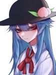 1girl 33_gaff black_headwear blue_hair commentary food fruit hair_between_eyes hat hat_ornament hinanawi_tenshi long_hair looking_at_viewer neck_ribbon peach red_eyes red_neckwear ribbon shirt simple_background solo touhou upper_body white_background white_shirt