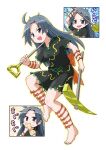  1girl barefoot food grey_eyes grey_hair himemushi_momoyo holding holding_pickaxe holding_shovel kousei_(public_planet) onigiri pickaxe shovel solo tools touhou wrist_bow 