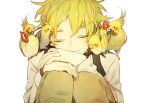  1boy animal animal_focus animal_on_shoulder bangs beige_pants bird bird_on_shoulder blonde_hair closed_eyes cockatiel commentary_request flower hands_on_own_knees long_sleeves mouth_hold newo_(shinra-p) original pet sad shirt short_hair solo tearing_up tears white_shirt 