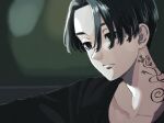  1boy absurdres black_eyes black_hair black_shirt closed_mouth collarbone empty_eyes expressionless forehead highres huge_filesize looking_away male_focus meimei_(cb_mei) neck_tattoo portrait sano_manjirou shirt short_hair solo tattoo tokyo_revengers 