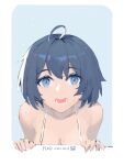  1girl :d absurdres antenna_hair bangs bikini blue_background blue_eyes blue_hair fled hair_between_eyes highres honkai_(series) honkai_impact_3rd looking_at_viewer open_mouth portrait seele_vollerei simple_background smile solo swimsuit teeth wet wet_clothes wet_hair wet_swimsuit white_bikini 