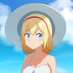  1girl alice_margatroid bangs bare_shoulders blonde_hair blue_eyes blue_sky breasts cato_(monocatienus) clouds collarbone commentary hairband hat highres large_breasts looking_at_viewer medium_hair portrait red_hairband sky smile solo sun_hat touhou white_headwear 